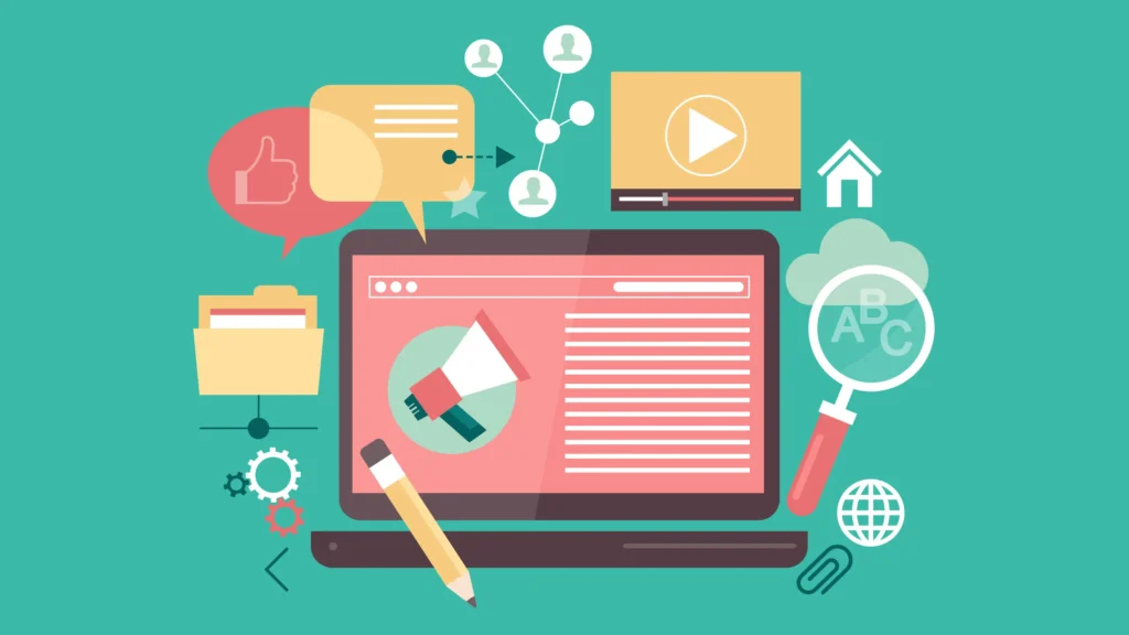 Computer monitor showing a digital marketing and content creation illustration in a website media library.